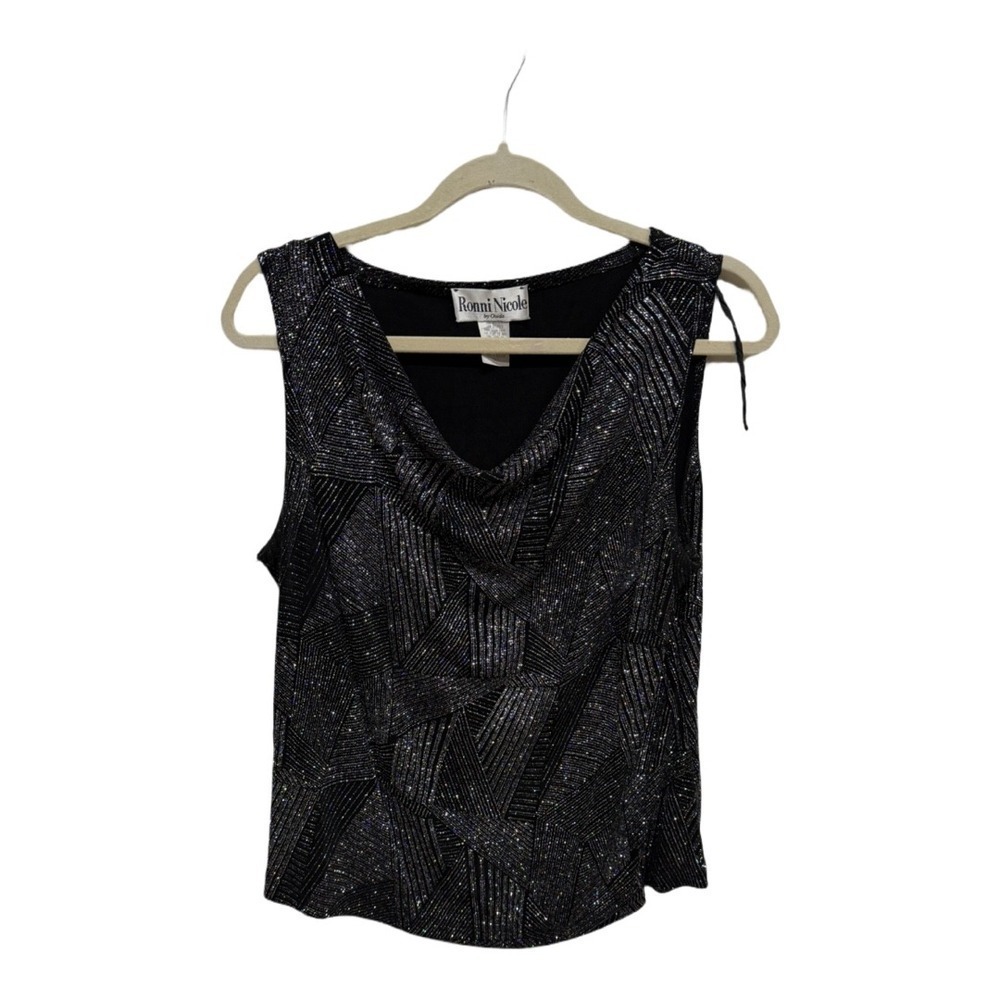 Vintage 90s Ronnie Nicole Ouida Glitter Cowl
Neck Top Sleeveless Geometric Black